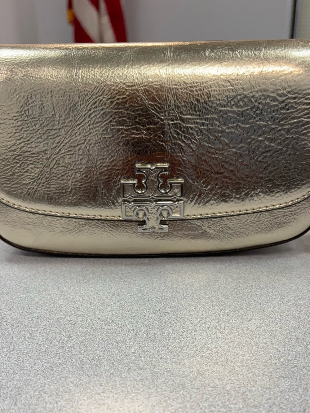Tory Burch Metallic Gold Leather Clutch with Logo Hardware